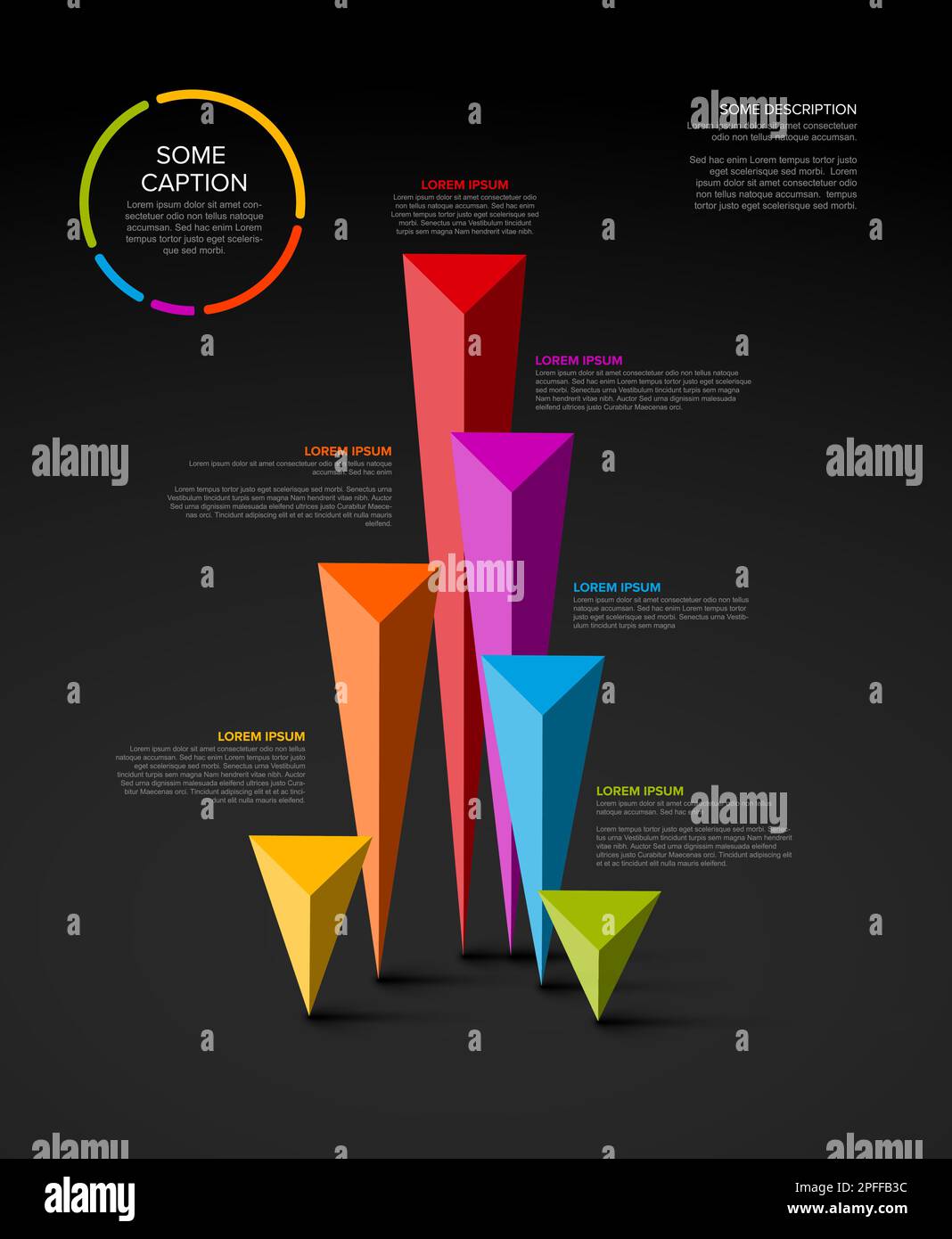 Modèle infographique polyvalent Vectormark composé de barres de diagramme de pointeurs de pyramide avec icônes, descriptions et légende. Motif graphique d'infographies coloré Illustration de Vecteur