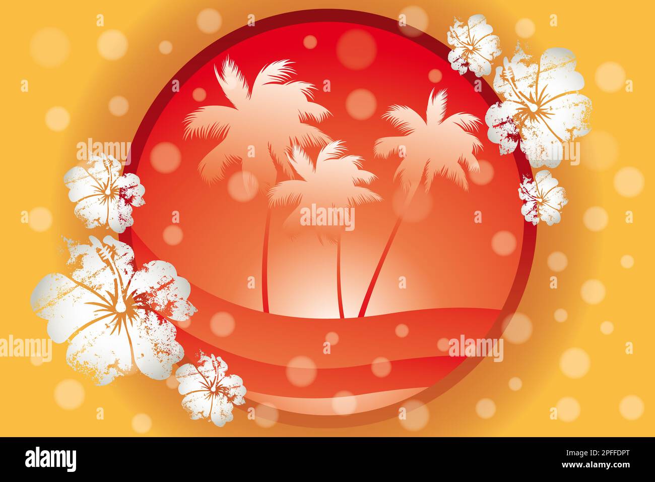 Illustration rétro des palmiers, des vagues, des fleurs d'hibiscus et des bulles de savon dans des tons chauds orange et jaune Banque D'Images