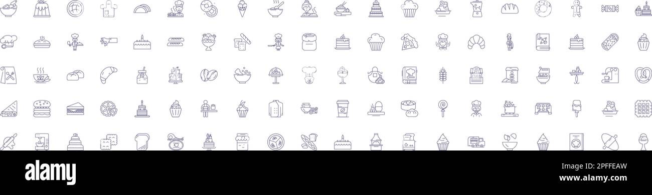 Pâtisseries et desserts artisanaux sont des symboles représentant une ligne d'icônes. Collection design de confiseries, pâtisseries, desserts, artisanaux, cuits au four, Gâteaux, cupcakes, sucreries Illustration de Vecteur