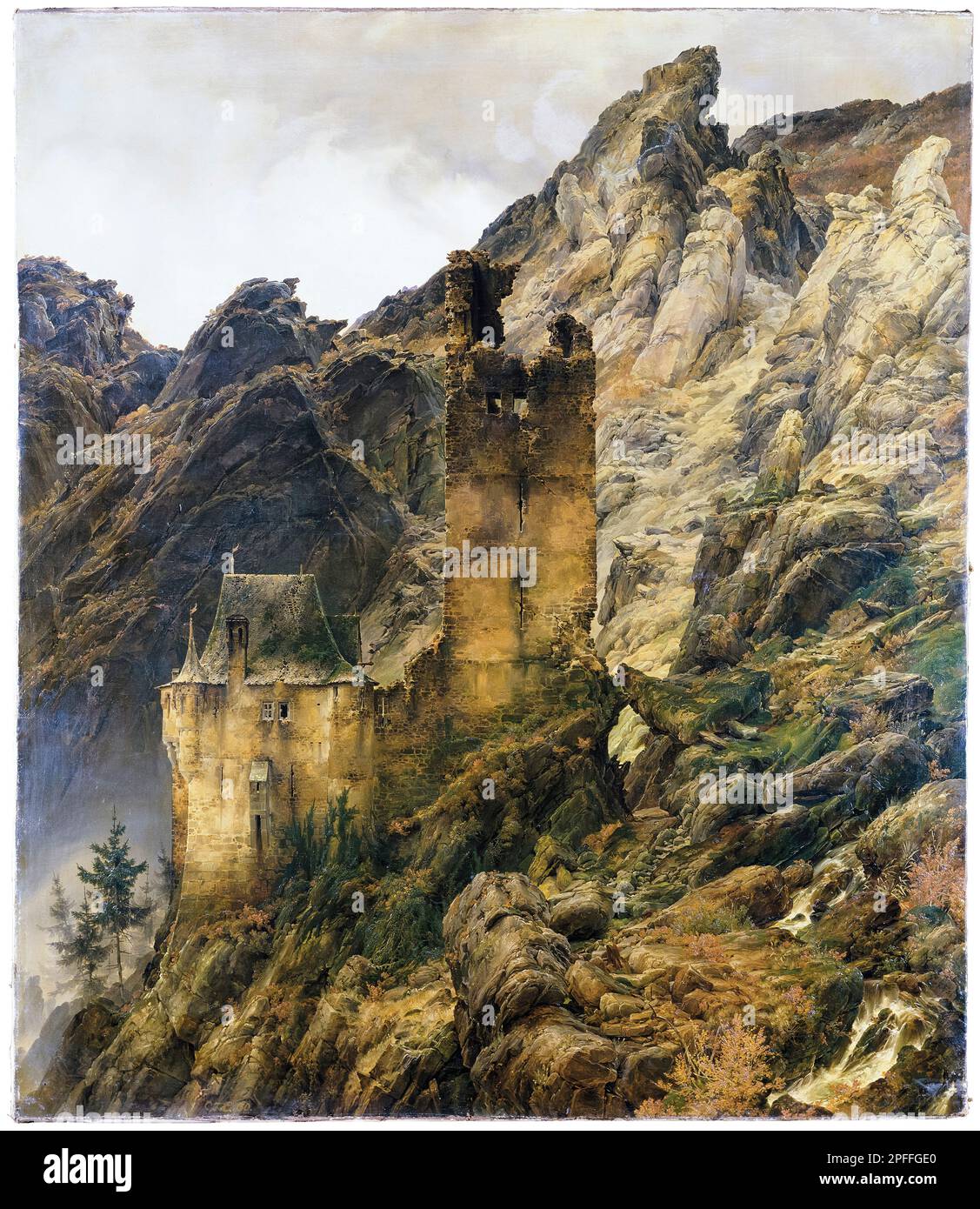 Karl Friedrich Lessing, Rocky Landscape: Gorge avec ruines, peinture à l'huile sur toile, 1830 Banque D'Images
