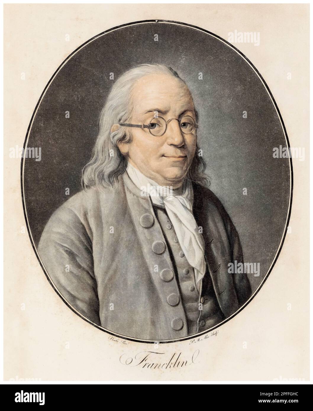 Benjamin Franklin (1706-1790), écrivain, scientifique, inventeur, et homme d'état. Un des Pères fondateurs des États-Unis, portrait imprimé par Pierre Michel Alix d'après Louis Michel van Loo, 1793-1795 Banque D'Images