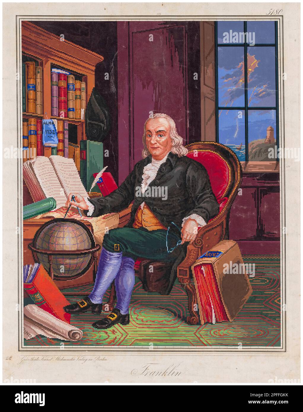 Feuille à motif de broderie montrant Benjamin Franklin (1706-1790), scientifique américain, inventeur, et un des Pères fondateurs des États-Unis, gravure de portrait allemande de couleur main, 1842-1852 Banque D'Images