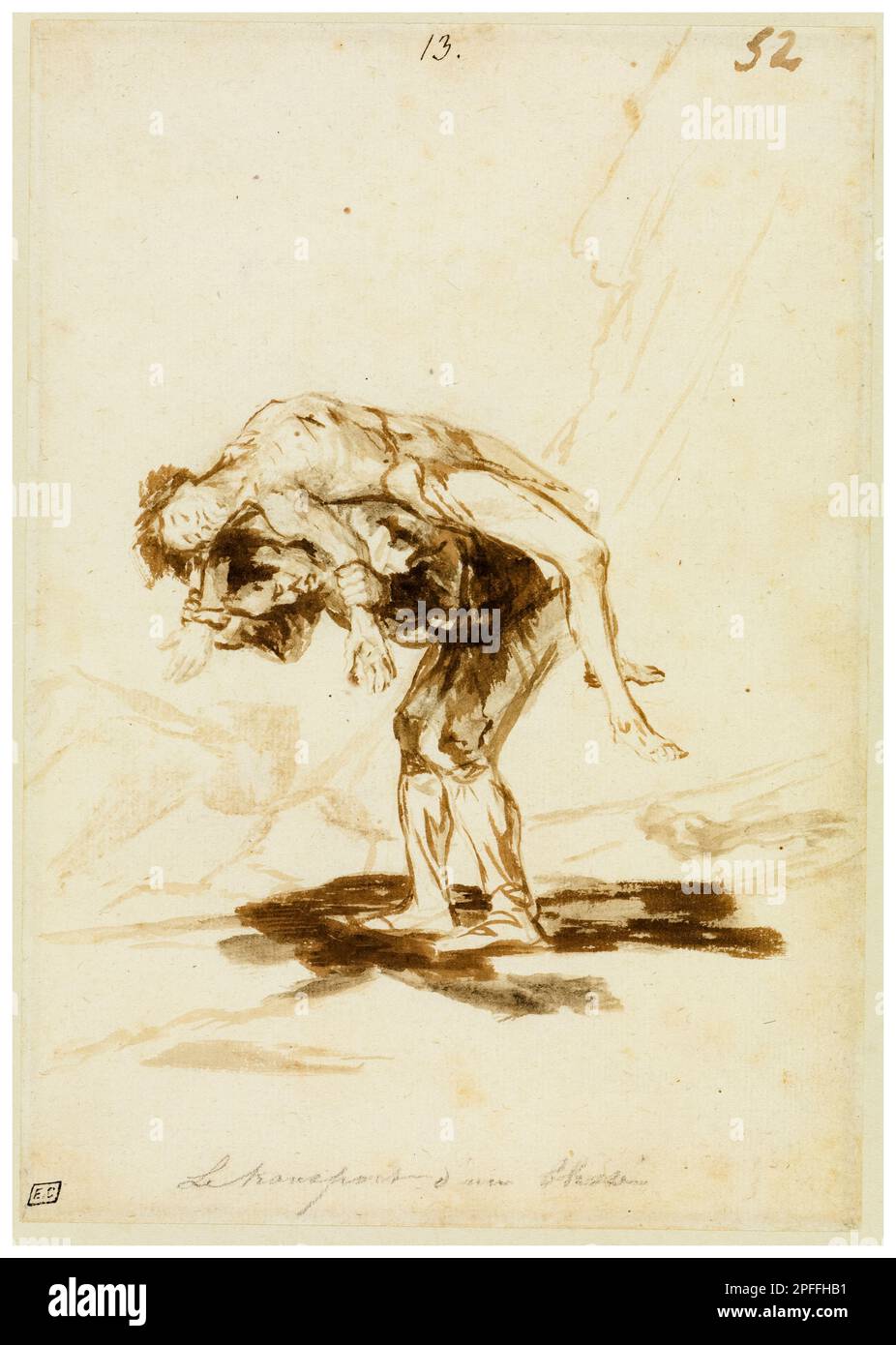 Francisco Goya, Un homme porte un homme mort, dessin au pinceau marron, 1815-1820 Banque D'Images