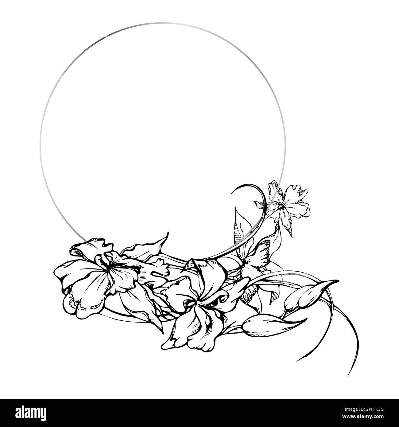 Fleurs et branches d'orchidées à encre vectorielle dessinées à la main, monochrome, contour détaillé. Composition de couronne circulaire. Isolé sur fond blanc. Conception pour Illustration de Vecteur