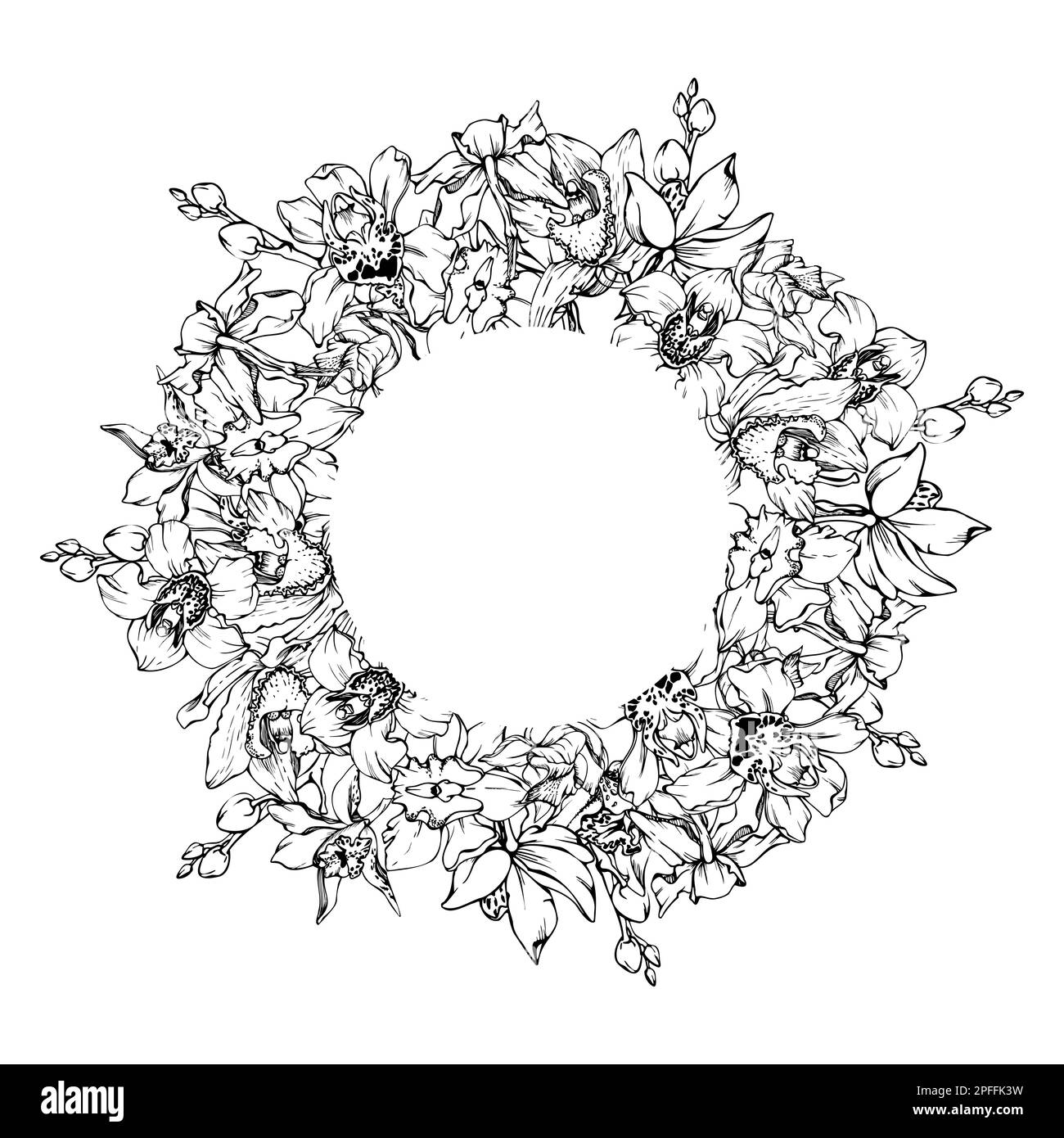 Fleurs et branches d'orchidées à encre vectorielle dessinées à la main, monochrome, contour détaillé. Composition de couronne circulaire. Isolé sur fond blanc. Conception pour Illustration de Vecteur