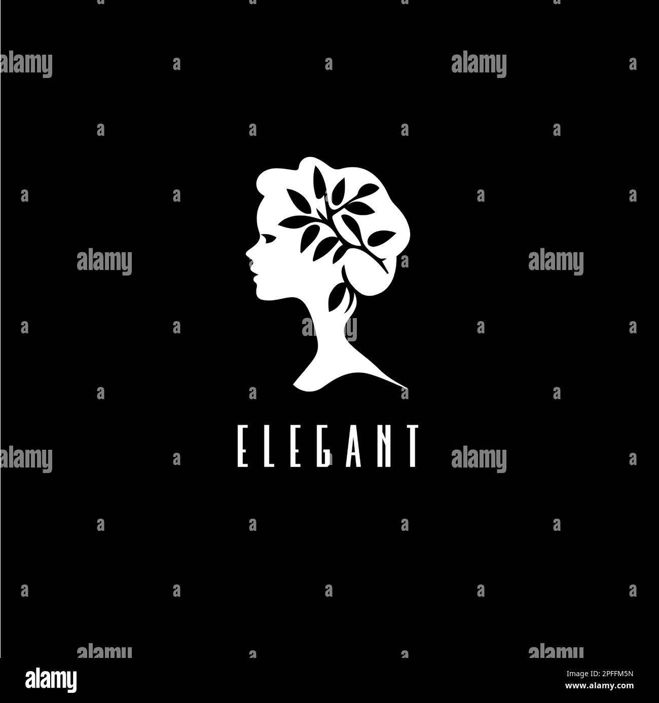 Silhouette noire et blanche d'une tête de jeune fille, icône de profil de femme avec des feuilles de branche, logo moderne pour la marque de cosmétiques, produit de soins capillaires, beauté Illustration de Vecteur