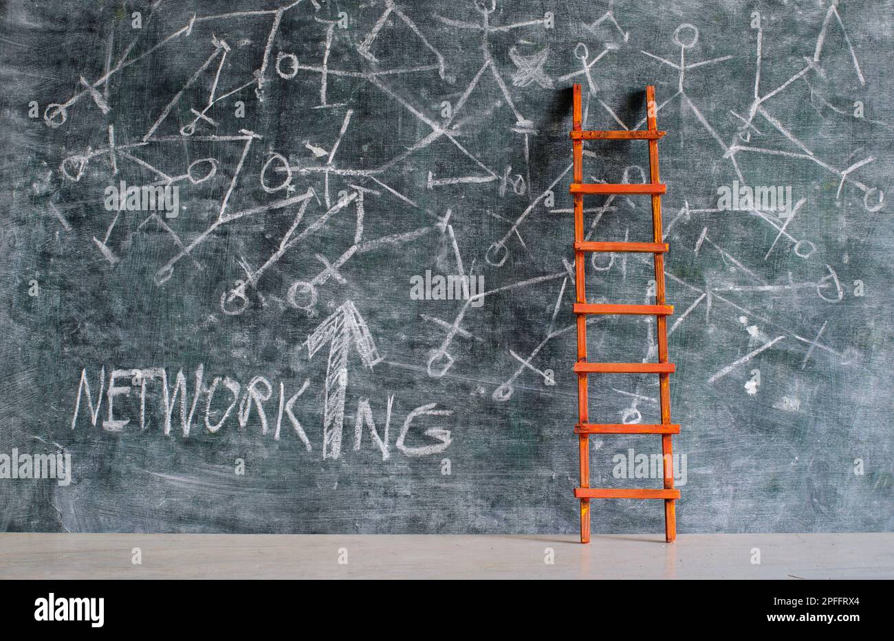 Concept de réseau d'entreprise avec gribouillage sur tableau noir et échelle. Innovation,idée,succès,ressources humaines, concept de réseautage Banque D'Images