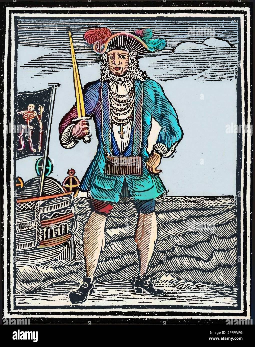 Bartholomew Roberts, de son vrai nom John Roberts, né le 17 mai 1682 et mort le 10 février 1722 , dit Black Bart (Bart le Noir), est un pirate britannique - Portrait du pirate Bartholomew 'Black Bart' Roberts. Gravure de graviers de 'Une histoire générale des Pyrates' (1724) Banque D'Images