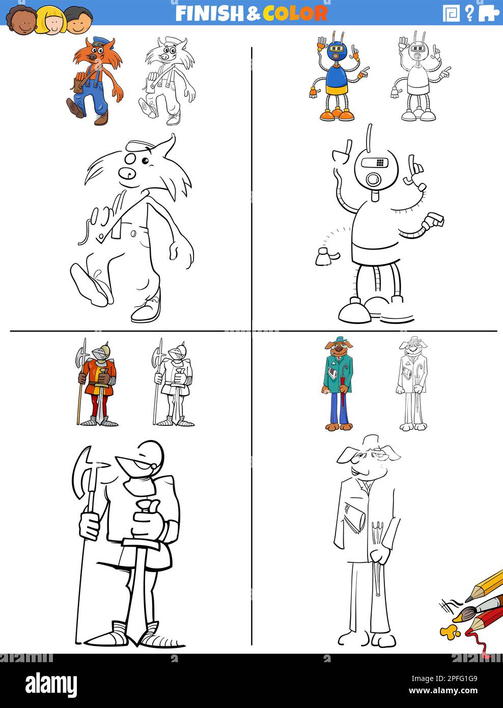 Illustration de dessin et de coloriage de feuilles de travail éducatives ensemble avec des personnages de fantaisie Illustration de Vecteur