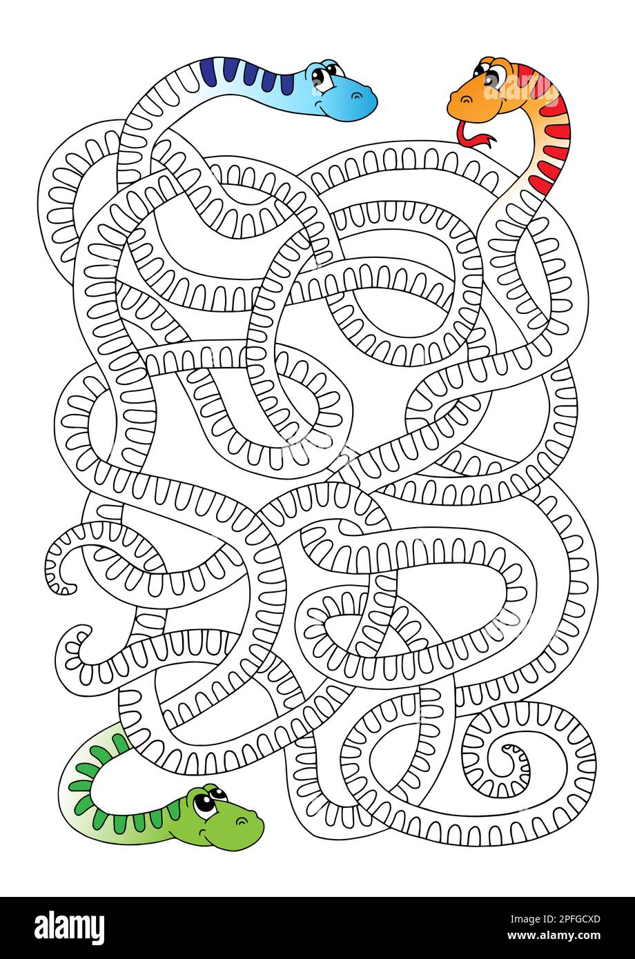 Jeu de labyrinthe pour les enfants, serpents entremêlés amusants Illustration de Vecteur