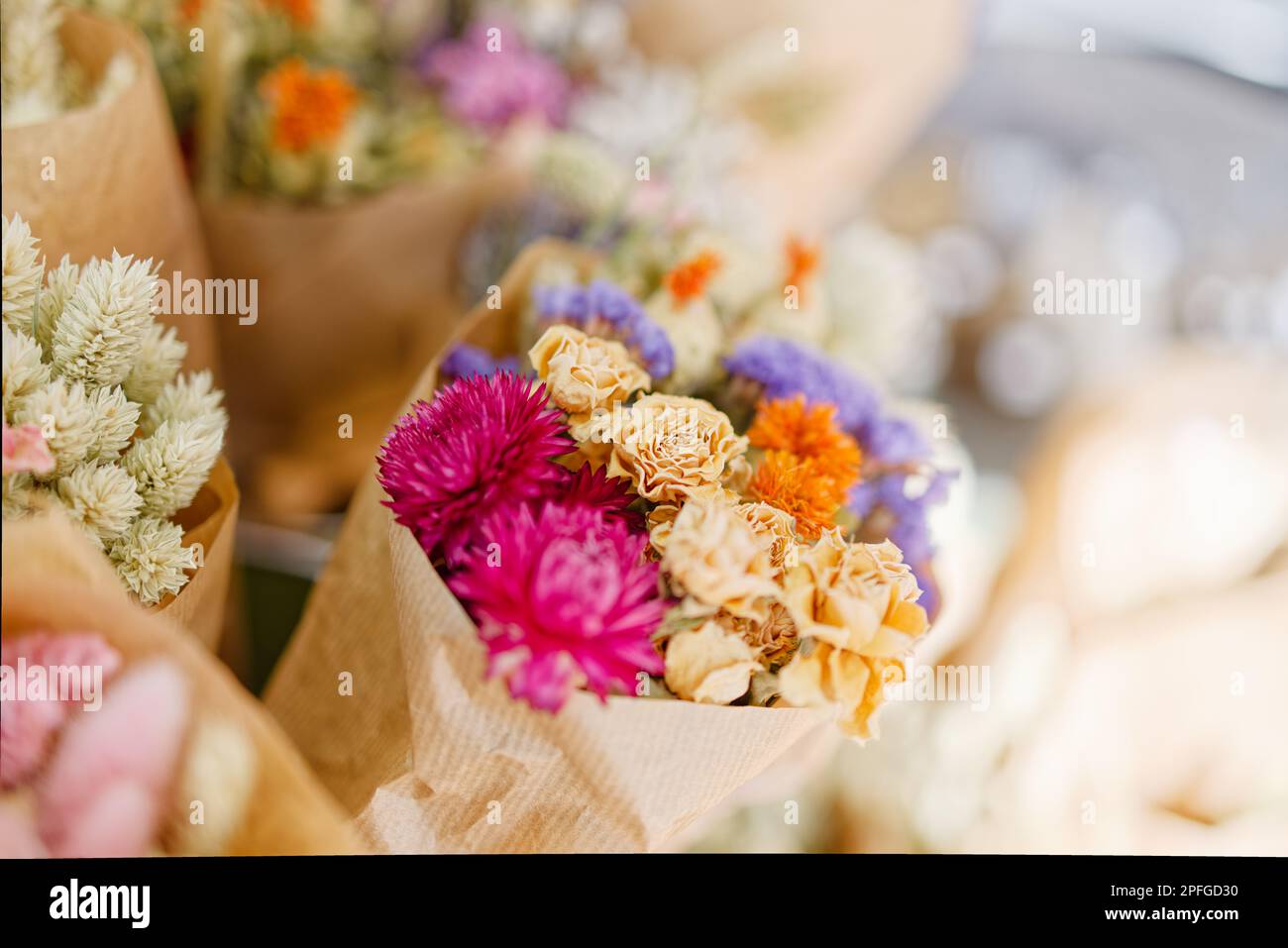 Bouquets colorés de fleurs séchées Banque D'Images