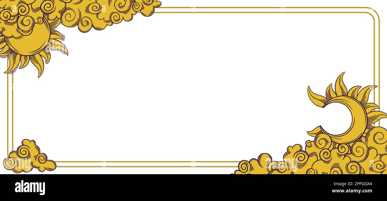 Bannière Tarot avec lune et soleil. Cadre en forme de tarot doré pour des motifs ésotériques. Illustration vectorielle isolée sur fond blanc Illustration de Vecteur