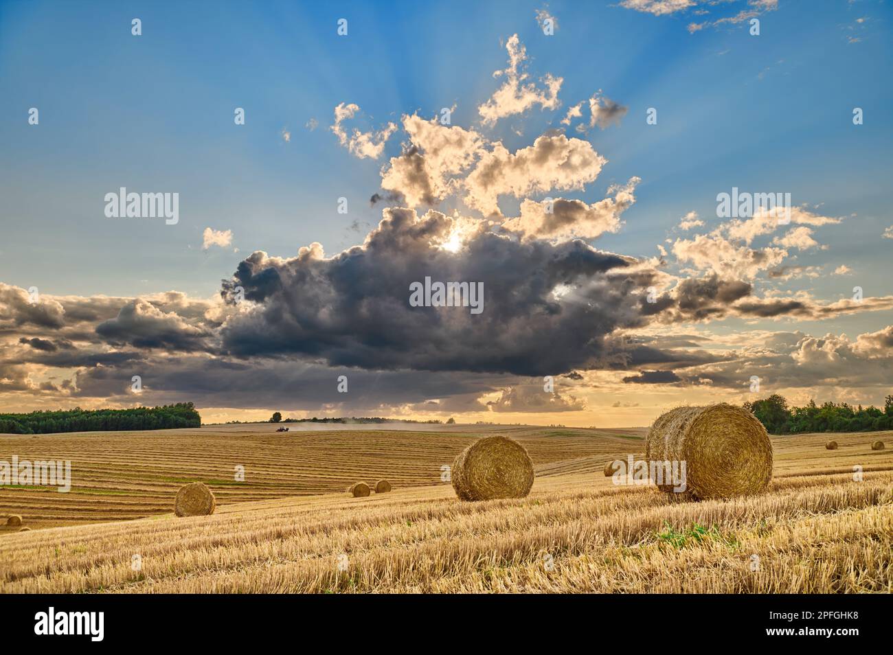 Paysage de champ après la récolte avec un ciel spectaculaire et un tracteur qui passe. Banque D'Images