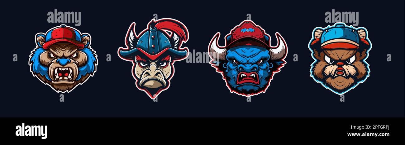 Collection de têtes d'animaux de dessin animé, logo sport rouge et bleu avec contour blanc. Visage en colère des grizzlis, des chevaux, des bisons et des castors. Équipe sportive Illustration de Vecteur