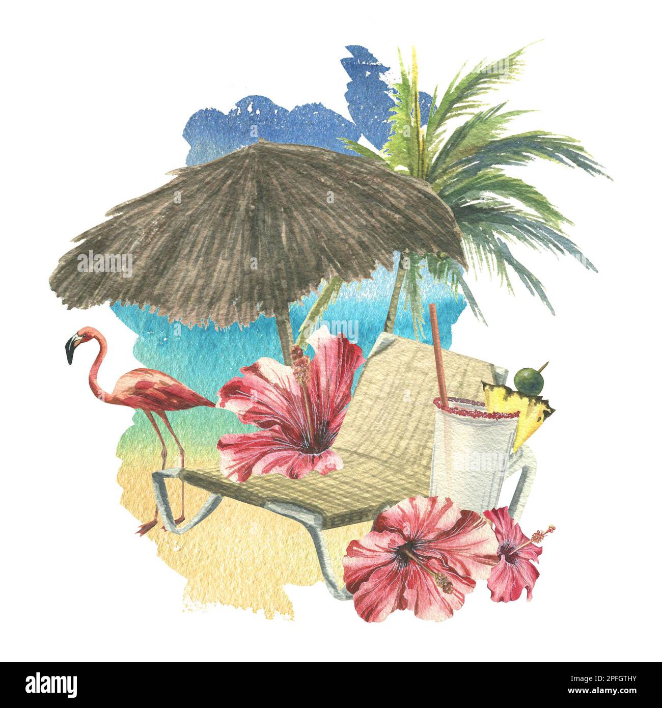 Parasol avec chaise longue de plage, fleurs d'hibiscus, flamants roses et cocotiers contre la mer et le ciel. Illustration aquarelle. Composition à partir de Banque D'Images