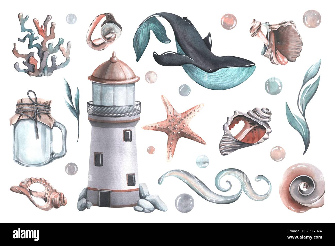 Set avec baleine, phare, pot en verre, étoiles de mer, coquillages, coraux, algues, vagues d'eau et bulles. Illustration aquarelle de la collection BALEINES Banque D'Images