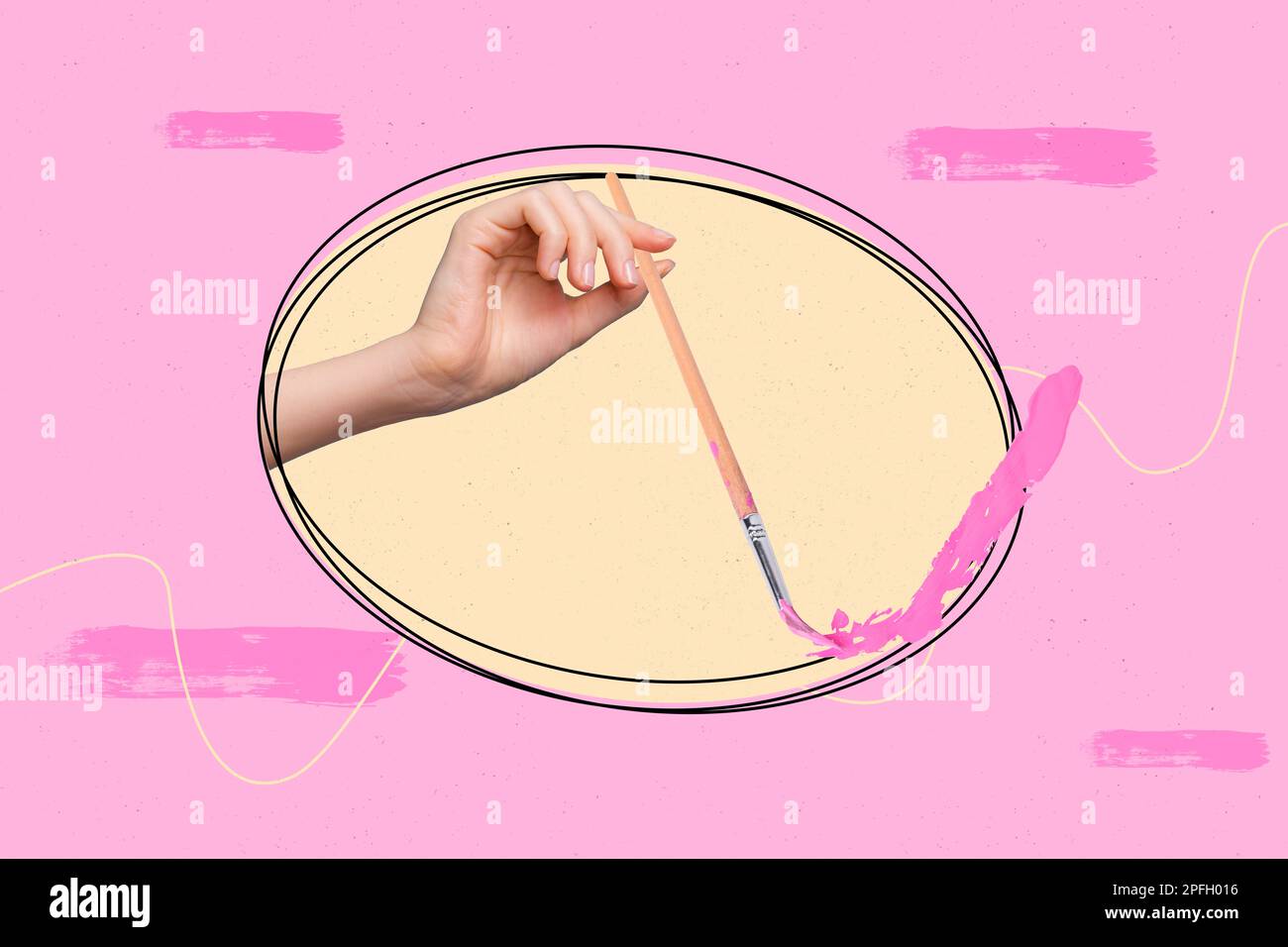 Photo bannière collage conceptuel de la créativité pinceau dessin rose couleurs passe-temps chef-d'œuvre illustration image isolée sur fond peint Banque D'Images