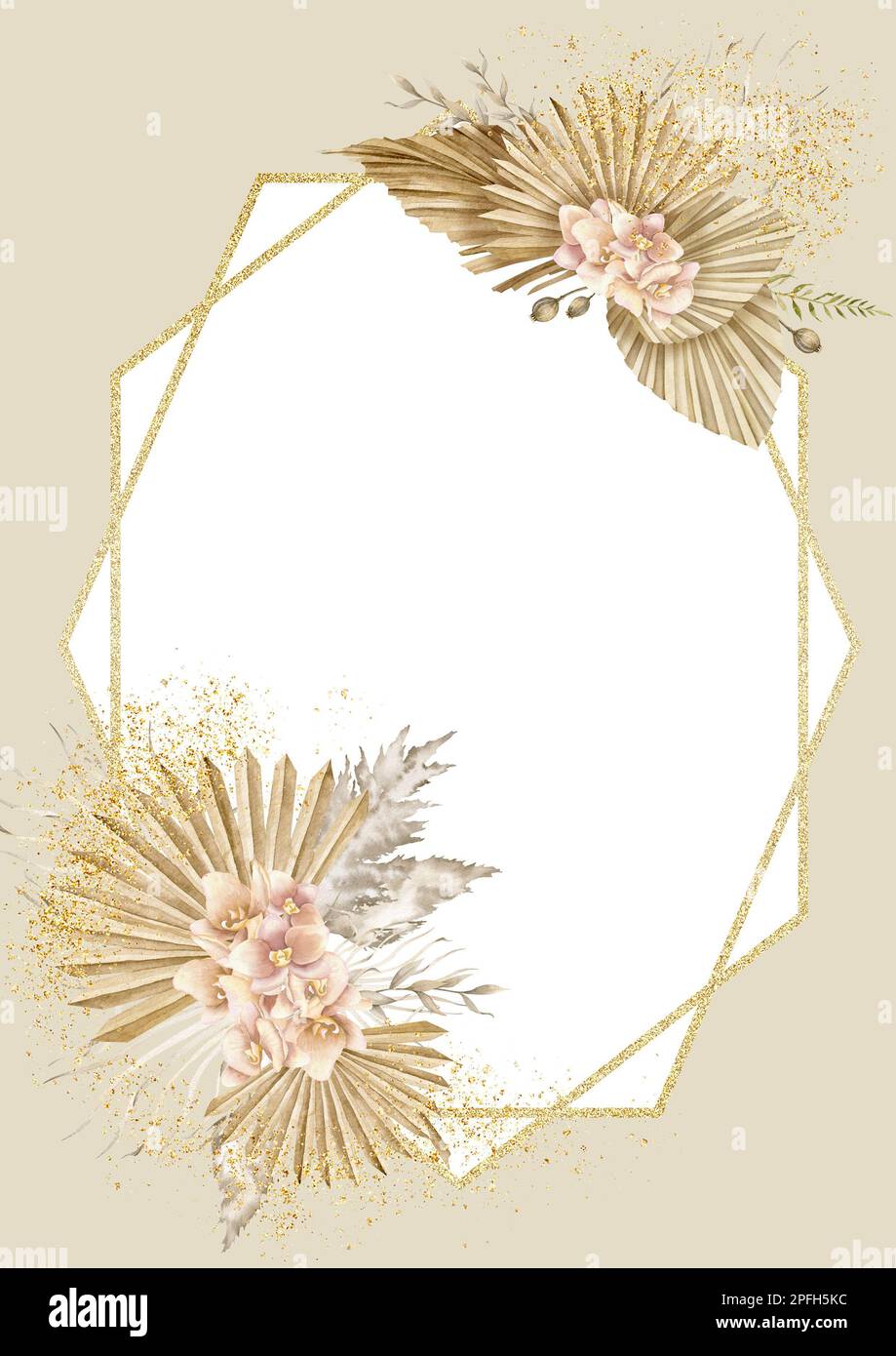 Aquarelle florale verticale cadre avec feuilles de palmier séchées et fleurs d'orchidées roses en style boho. Illustration dessinée à la main. Modèle rectangulaire Bohemian pour cartes de vœux ou invitations dans des couleurs pastel Banque D'Images
