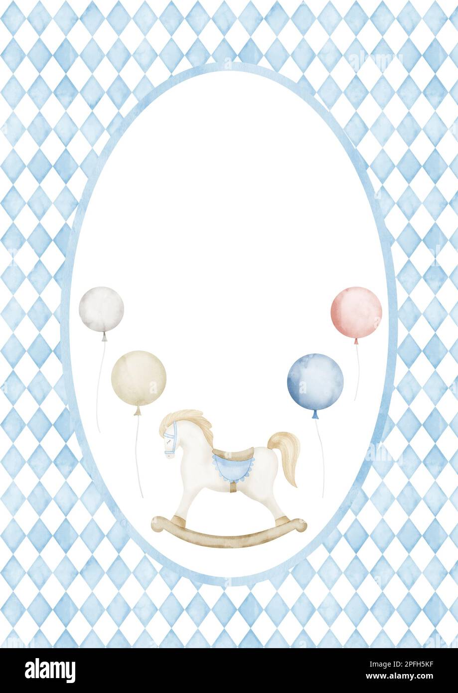 Modèle pour carte de voeux de douche de bébé avec cheval à bascule et ballons dans les couleurs bleu pastel et beige. Illustration verticale aquarelle dessinée à la main pour les invitations de fête enfantine sur fond blanc. Banque D'Images
