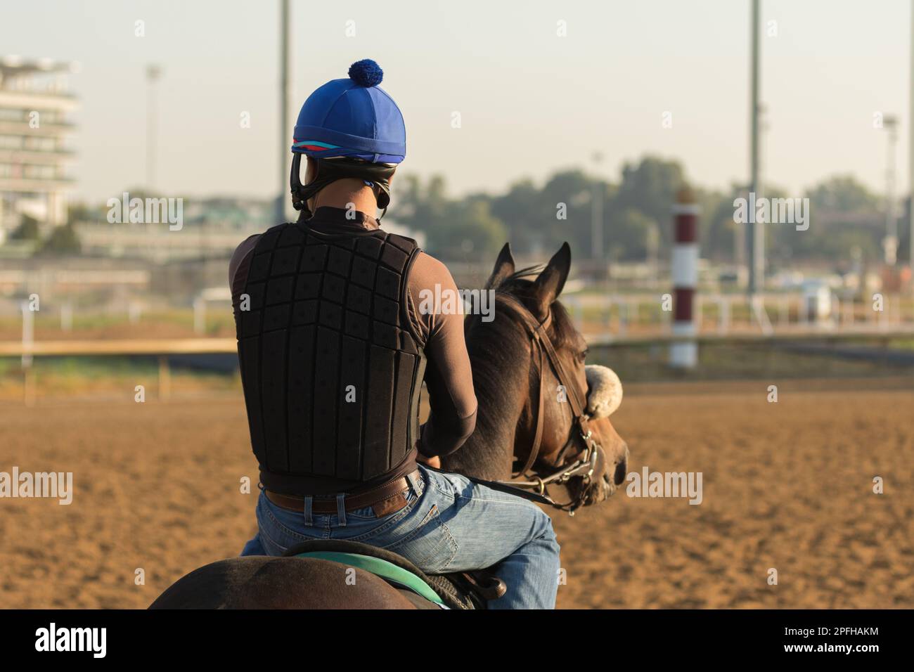 Un pilote d'exercice dans l'industrie de course de chevaux, s'assoit monté sur son cheval regardant d'autres cavaliers dans l'entraînement du matin. Banque D'Images