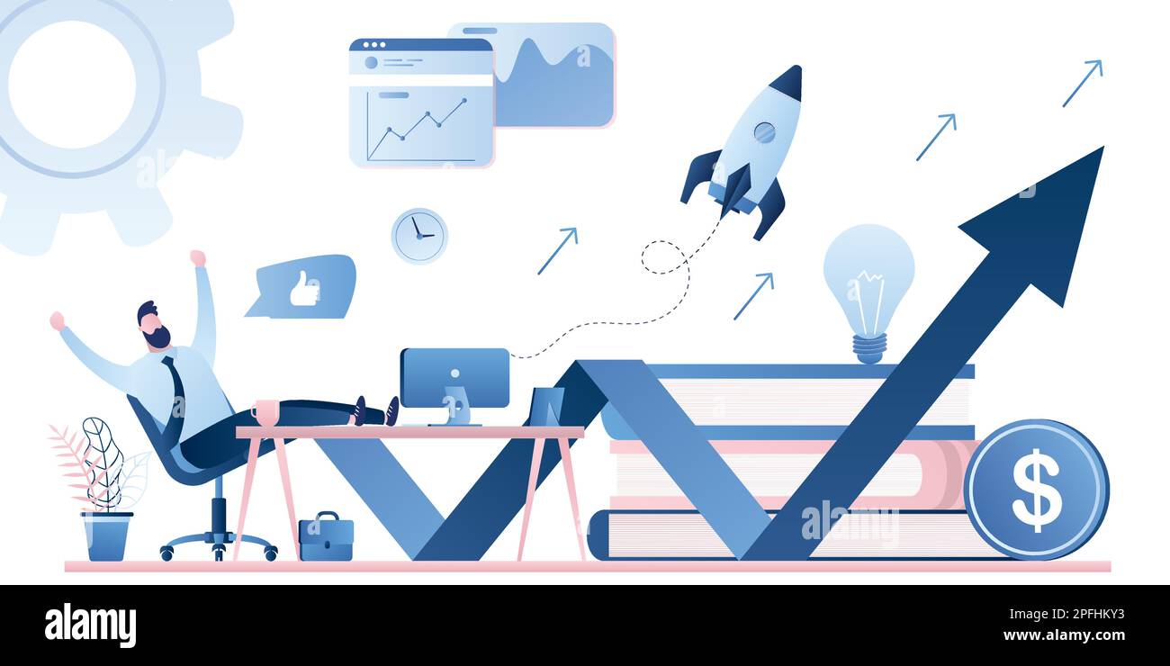 Commerçant ou homme d'affaires heureux et réussi sur le lieu de travail. Finance profit ou Nouveau concept de start-up sur fond blanc. Graphique de croissance. Tendance Illustration de Vecteur