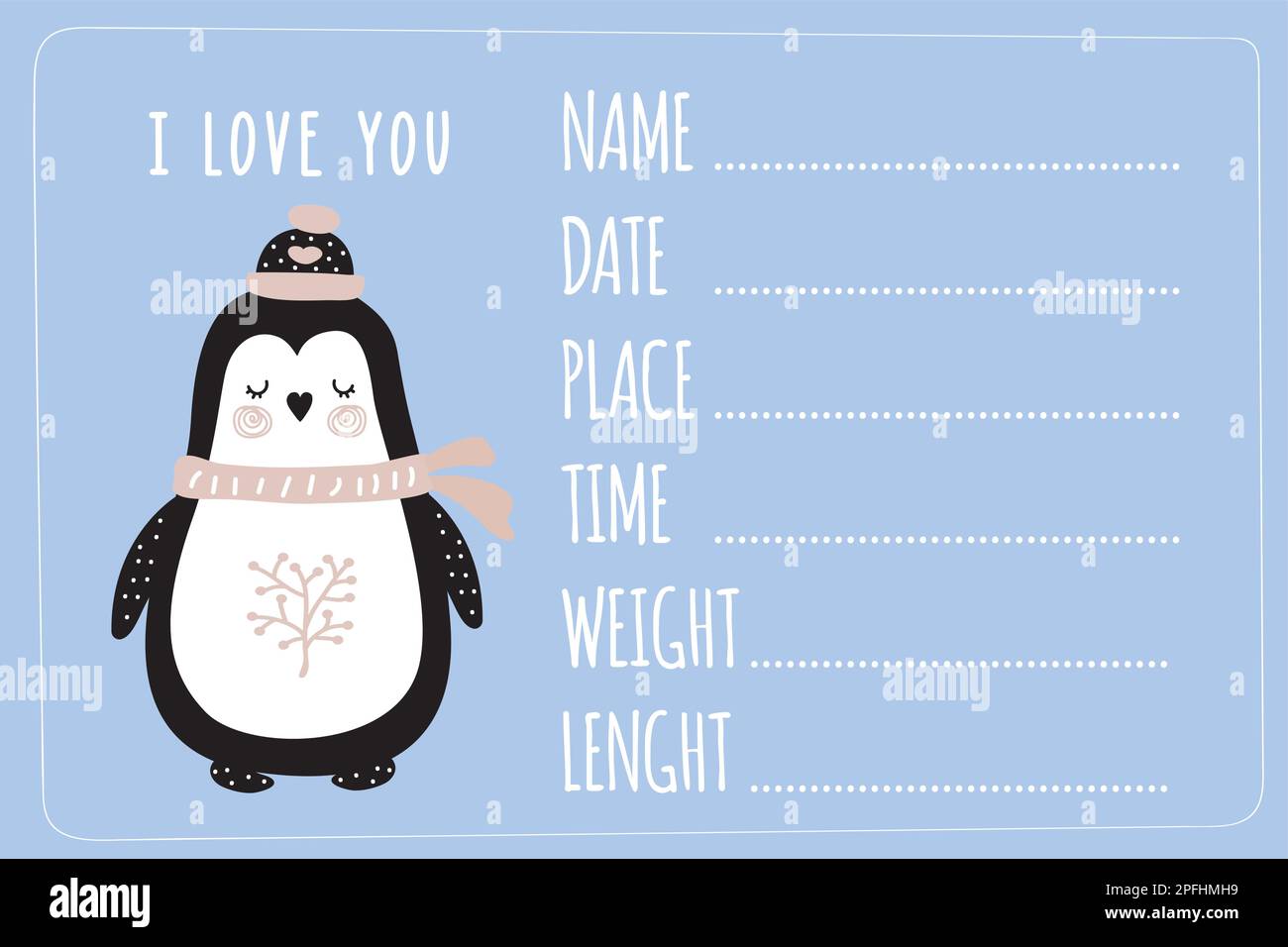 Joli pingouin de style scandinave. Carte amusante pour animaux sauvages. Page de modèle pour un nouveau-né taille, poids et autres. Carte de douche de bébé. Vecto Doodle Illustration de Vecteur