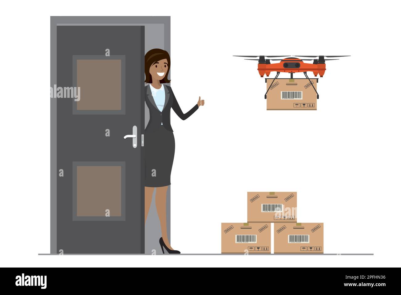 Caricature africaine américaine femme près de porte et livraison de drone avec boîte. Pile de boîtes à colis. Isolé sur fond blanc. Contexte du concept de livraison. Illustration de Vecteur