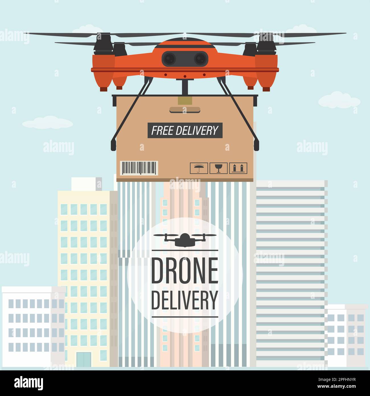 Livraison de drone avec boîte de colis. Bande dessinée Quadcopter avec CARGO. Les transports technologiques futurs en vue urbaine. Illustration vectorielle plate. Illustration de Vecteur
