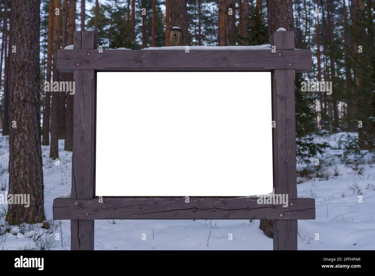 Panneau blanc vide avec un cadre en bois dans la forêt en hiver. Banque D'Images