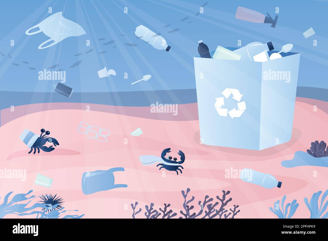 Différents déchets plastiques sous l'eau. Pollution des océans contexte.concept de recyclage. Crabes et palourdes dans les poubelles. Illustration vectorielle Illustration de Vecteur