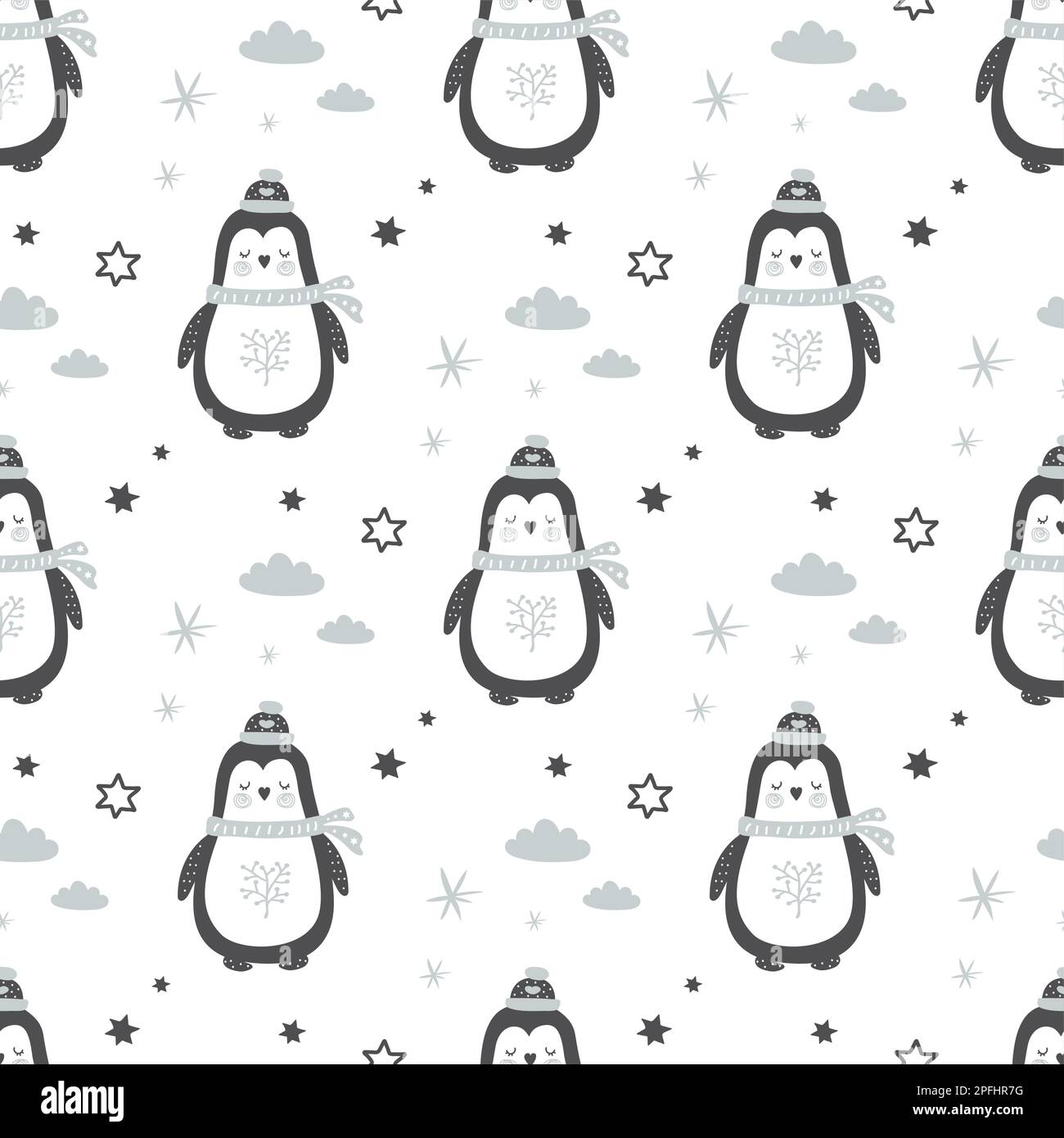 Motif sans coutures avec jolis pingouins en forme de doodle. Arrière-plan texturé de style scandinave. Affiche, modèle d'impression pour enfants. Illustration vectorielle Illustration de Vecteur