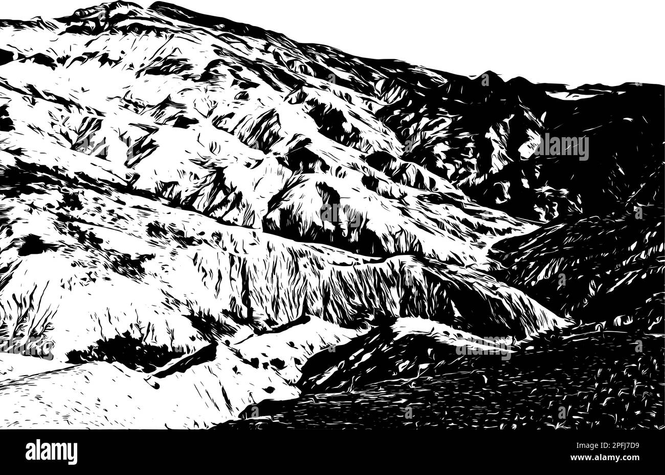 Magnifique paysage de montagne noir et blanc avec brouillard et forêt. Lever et coucher de soleil en montagne. Concept extérieur et nature. Illustration vectorielle. Illustration de Vecteur