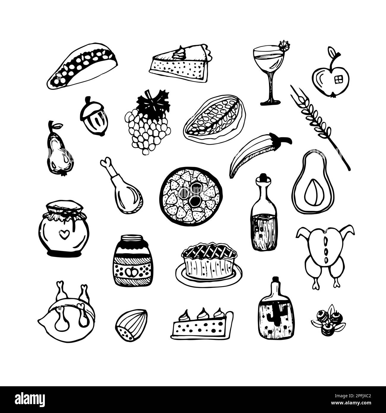 Produits alimentaires, ensemble de nouilles noir et blanc Illustration de Vecteur