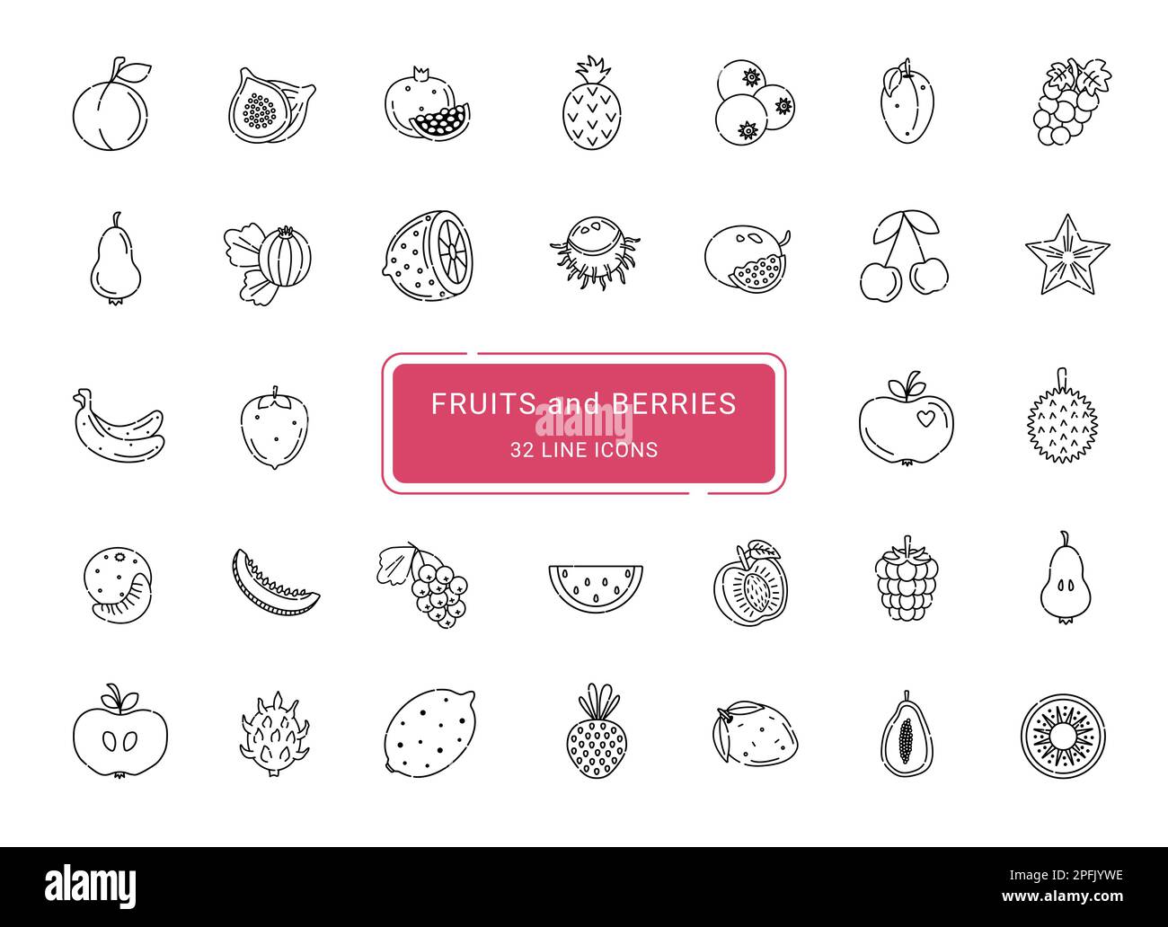 Fruits et baies, 32 icônes de vecteur de ligne mignons Illustration de Vecteur