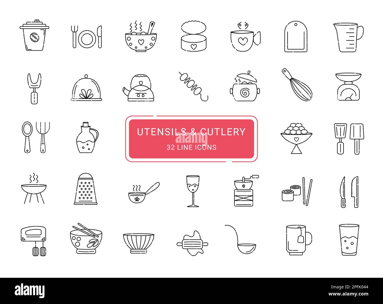 Ustensiles et couverts, 32 icônes vectorielles de ligne mignons Illustration de Vecteur