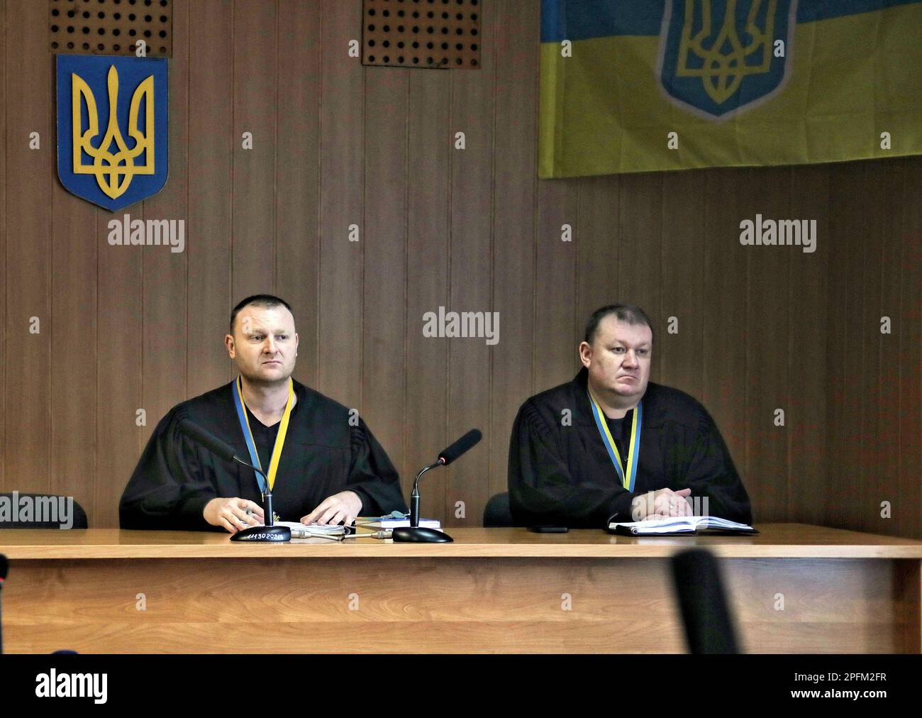 ODESA, UKRAINE - 15 MARS 2023 - les juges du tribunal de district de Malynovskyi ont reporté l'audition de l'affaire Kyrylo Stremousov, collaborateur de Kherson, à 23 mars, et l'affaire Volodymyr Saldo sera examinée à 6 avril, Odesa, dans le sud de l'Ukraine. Banque D'Images