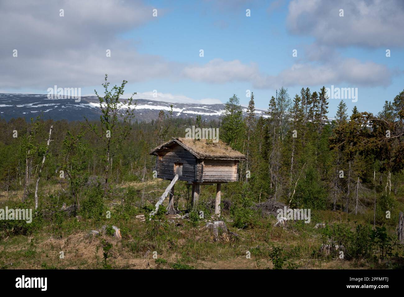 Maison de magasin sami à Majavatn dans la communauté de Grane, à la frontière sud du comté de Nordland en Norvège. Banque D'Images