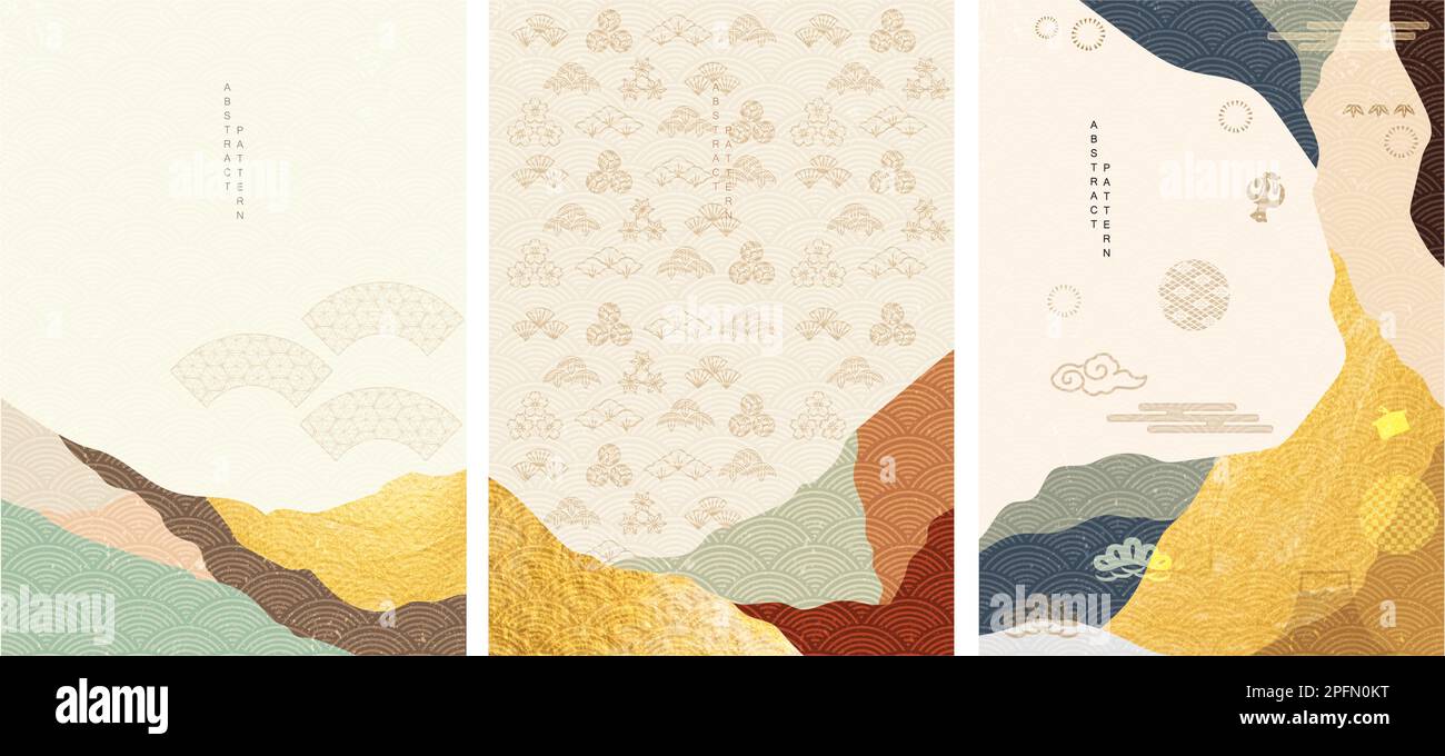 Arrière-plan japonais avec icône et vecteur de motif. Modèle abstrait avec montagne de style oriental et texture dorée. Illustration de Vecteur