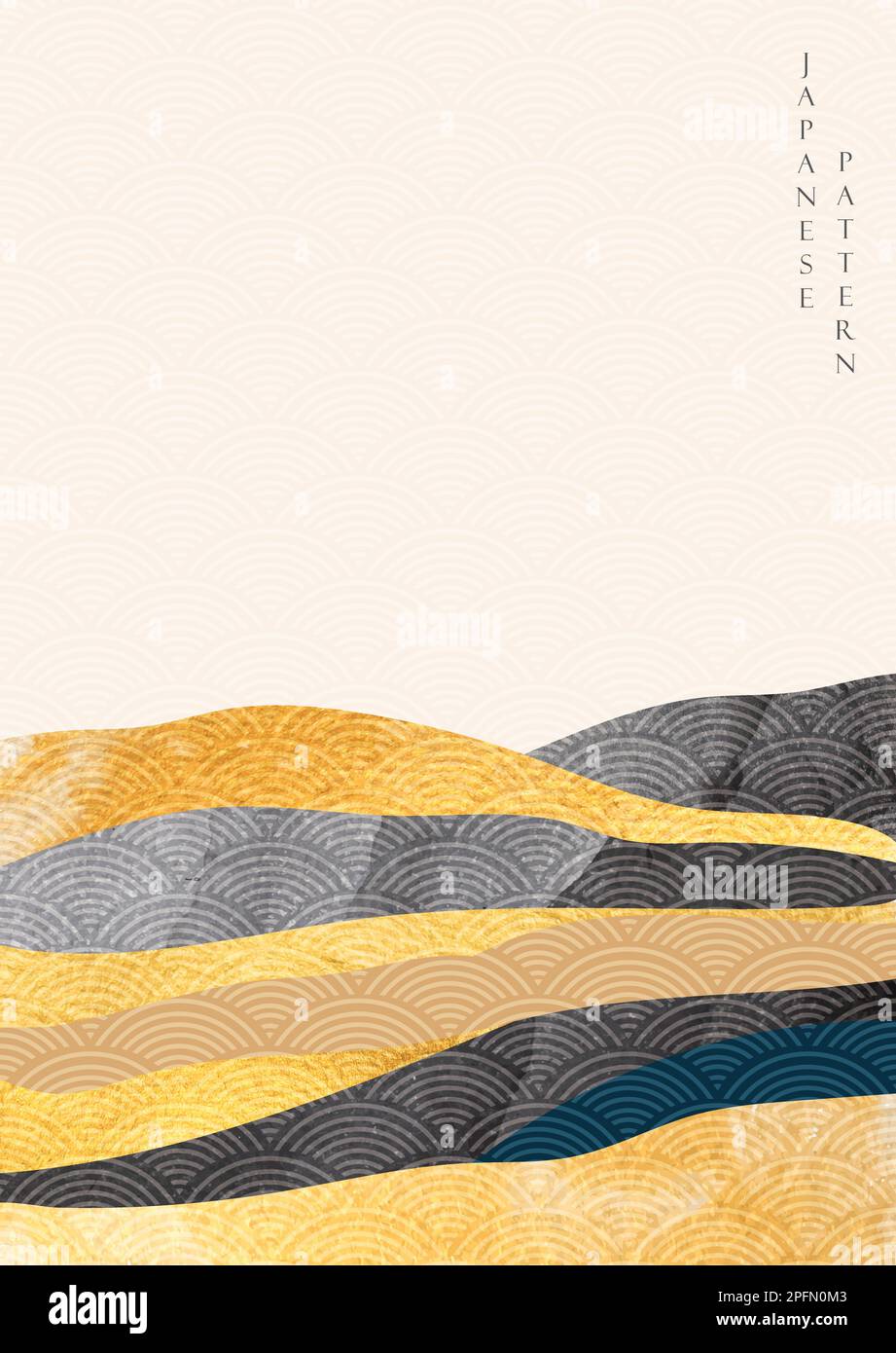Arrière-plan abstrait d'art de paysage avec vecteur de texture or. Motif vagues japonais de style oriental. Illustration de Vecteur