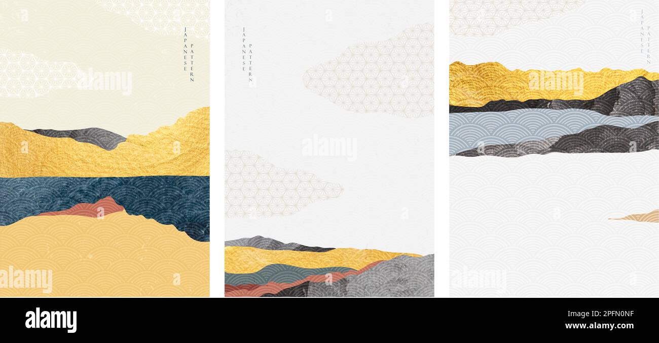 Arrière-plan paysage naturel avec vecteur de motif d'onde japonais. Modèle de forêt de montagne à texture dorée. Papier peint abstrait. Illustration de Vecteur