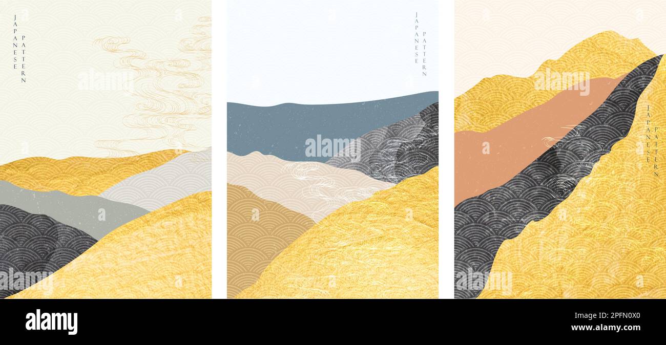 Arrière-plan japonais avec vecteur de texture de feuille d'or. Modèle de paysage abstrait avec motif ondulé dessiné à la main de style oriental. Illustration de Vecteur