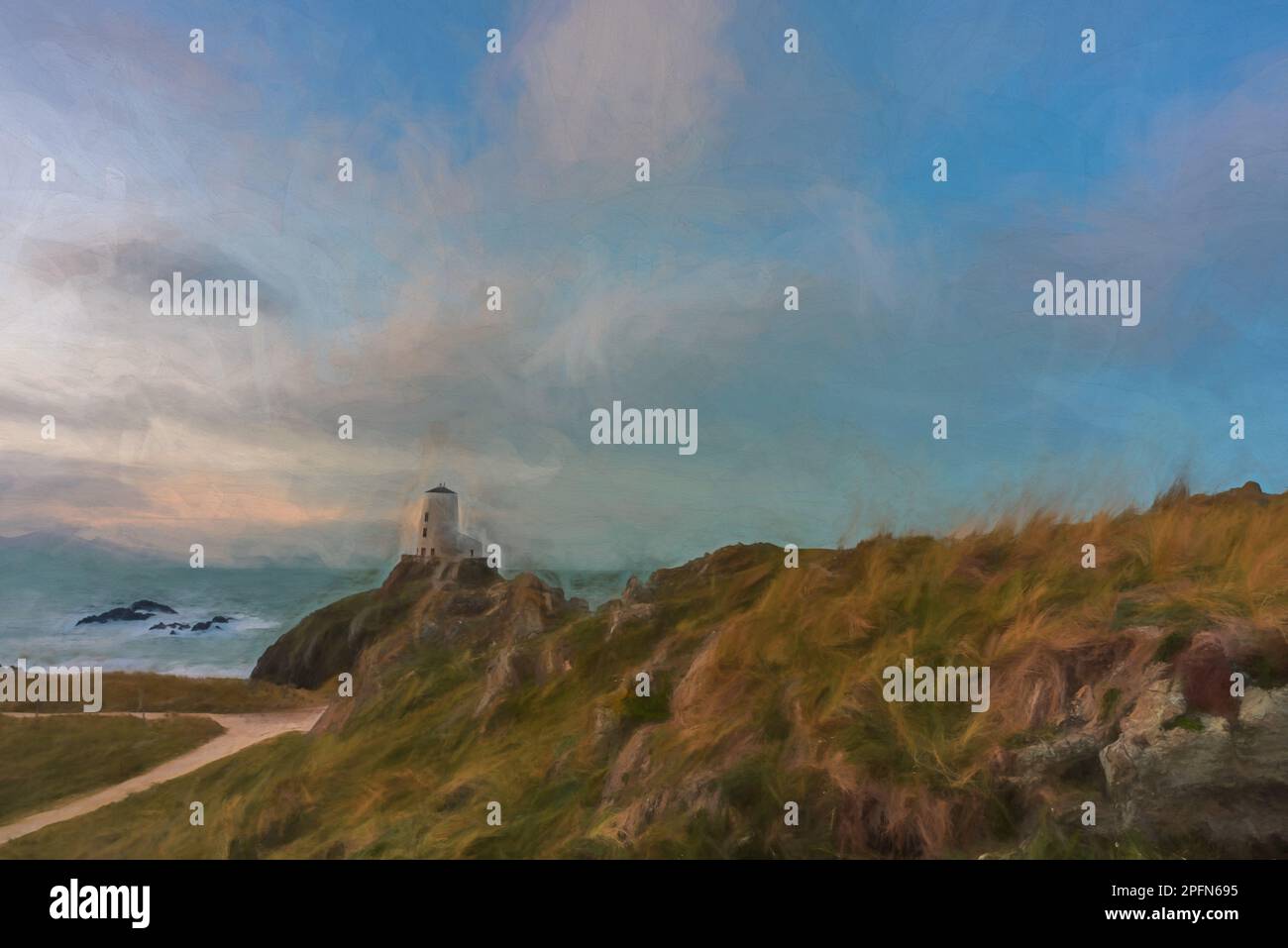 Peinture numérique du phare de l'île de Llanddwyn, Twr Mawr à Ynys Llanddwyn sur Anglesey, au nord du pays de Galles, au lever du soleil. Banque D'Images