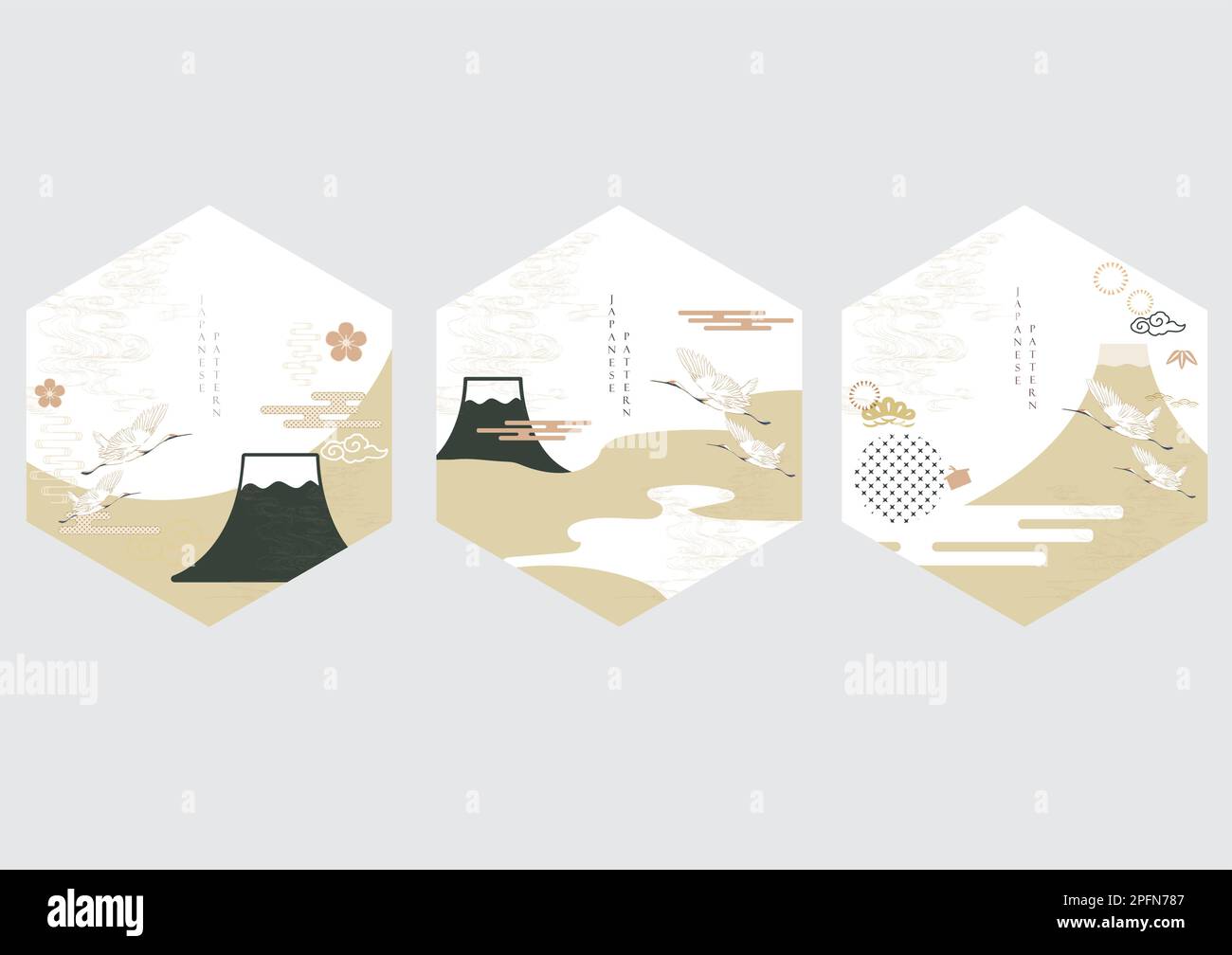 Arrière-plan japonais avec vecteur de montagne Fuji. Modèle de paysage abstrait avec motif ondulé dessiné à la main de style oriental. Logo géométrique et Un Illustration de Vecteur
