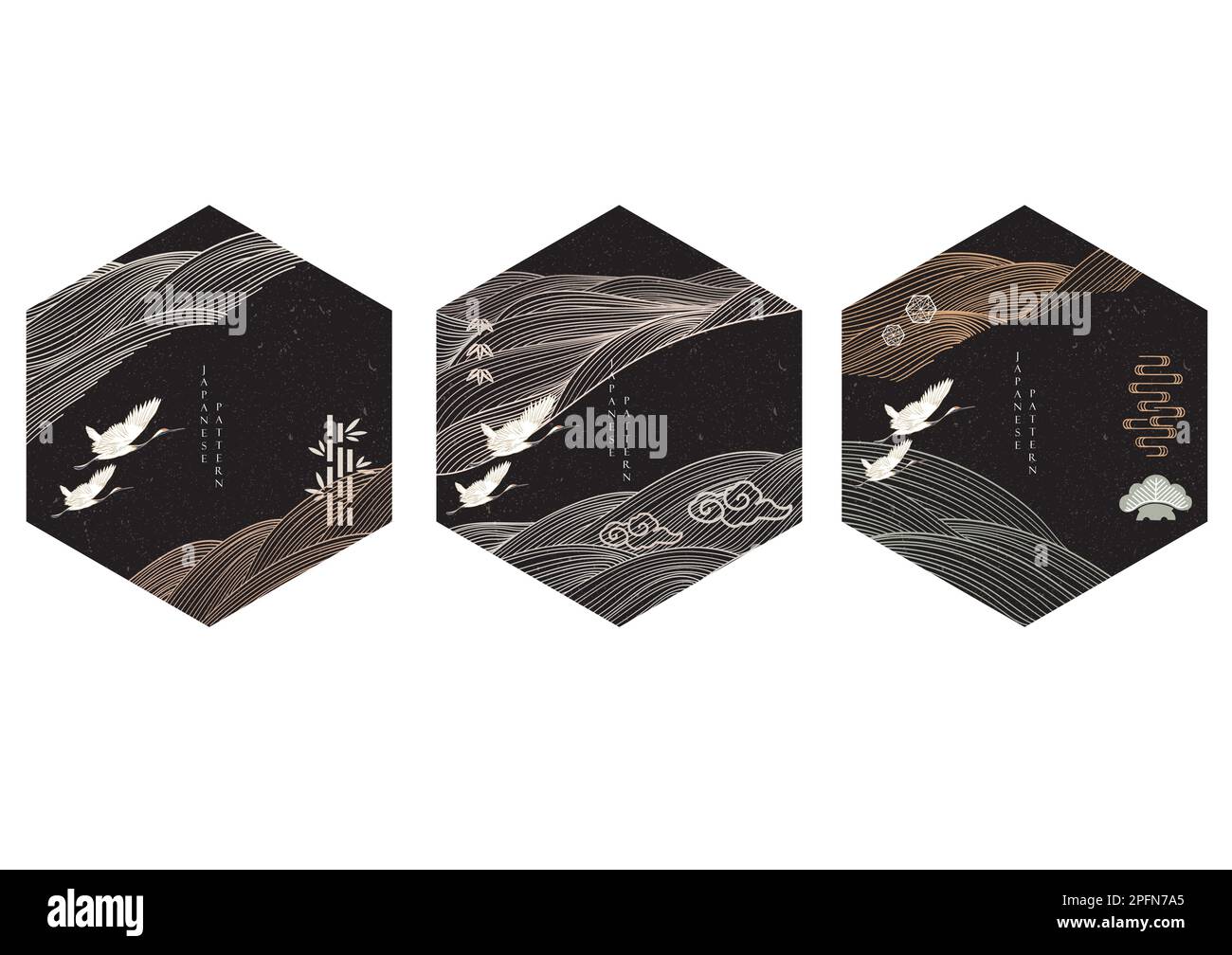 Arrière-plan japonais avec vecteur de motif de ligne. Modèle de paysage abstrait avec motif ondulé dessiné à la main et oiseaux de grue de style oriental. Geome noir Illustration de Vecteur
