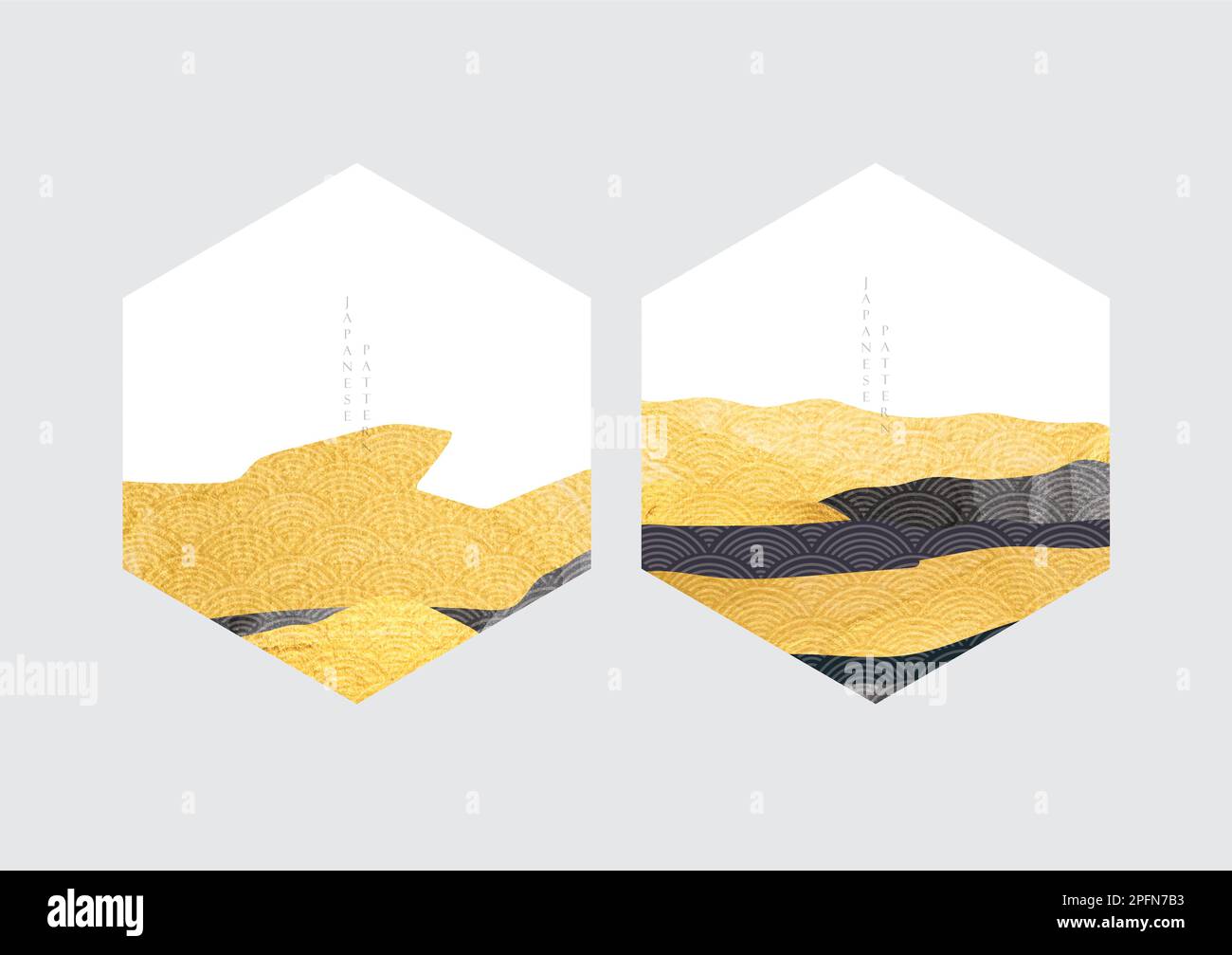 Arrière-plan japonais avec vecteur de texture doré et noir. Motif vagues dessiné à la main avec paysage abstrait de style oriental. Logo géométrique. Illustration de Vecteur