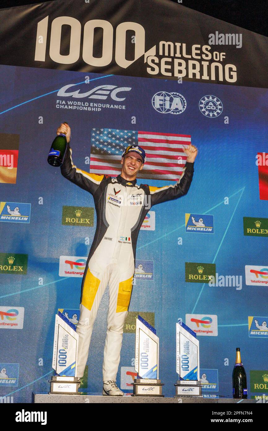 VARRONE Nicolas (arg), Corvette Racing, Chevrolet Corvette C8.R, portrait, podium pendant les 1000 miles de Sebring 2023, 1st du Championnat du monde d'endurance FIA 2023, de 15 mars à 17, 2023 sur le circuit international Sebring à Sebring, Floride, États-Unis - photo: FR..d..ric le Floc'h/PI/LiveMedia crédit: Agence photo indépendante/Alamy Live News Banque D'Images