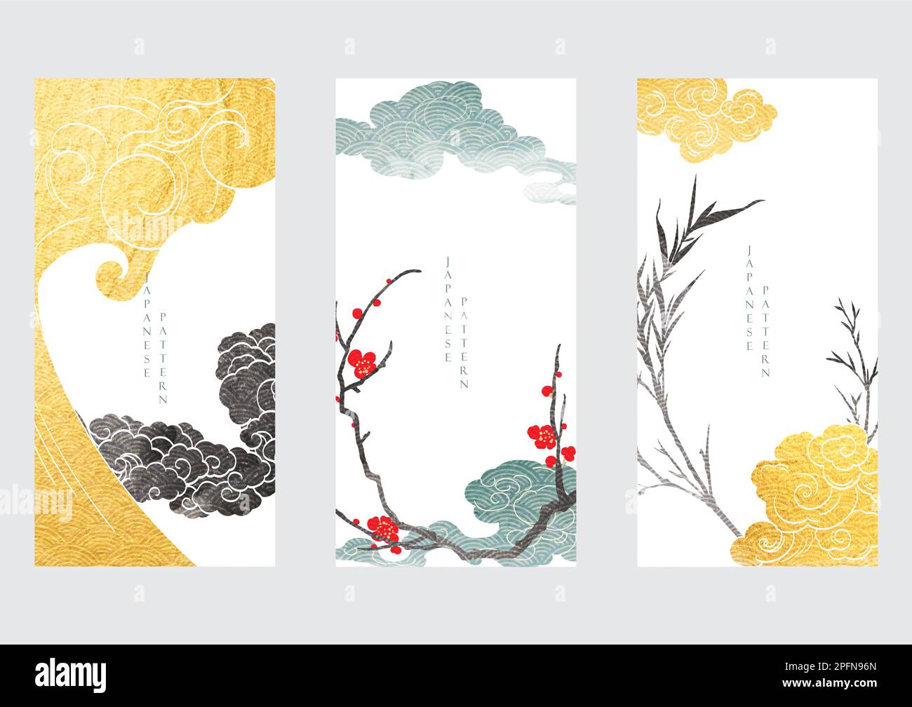 Arrière-plan japonais avec vecteur de texture doré et noir. Fleurs de cerisier, bambou et décoration de nuages chinois dans un style vintage. Art paysage ic Illustration de Vecteur