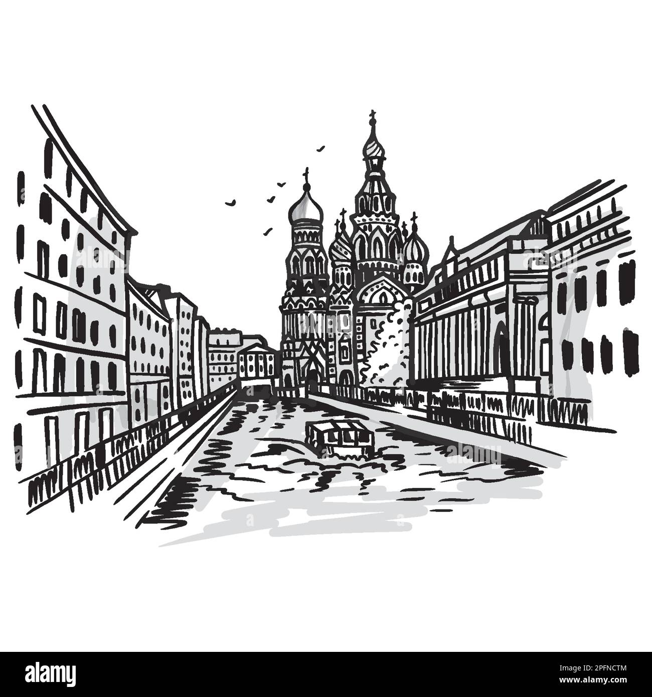Cathédrale du Sauveur sur le sang à Saint-Pétersbourg. Esquisse. Illustration en noir et blanc. Illustration de Vecteur