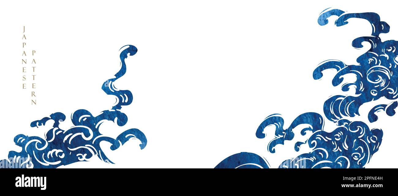 Arrière-plan japonais avec vecteur d'élément de peinture bleu aquarelle. Motif de vagues naturel oriental avec motif de bannière de décoration océan et mer en vin Illustration de Vecteur