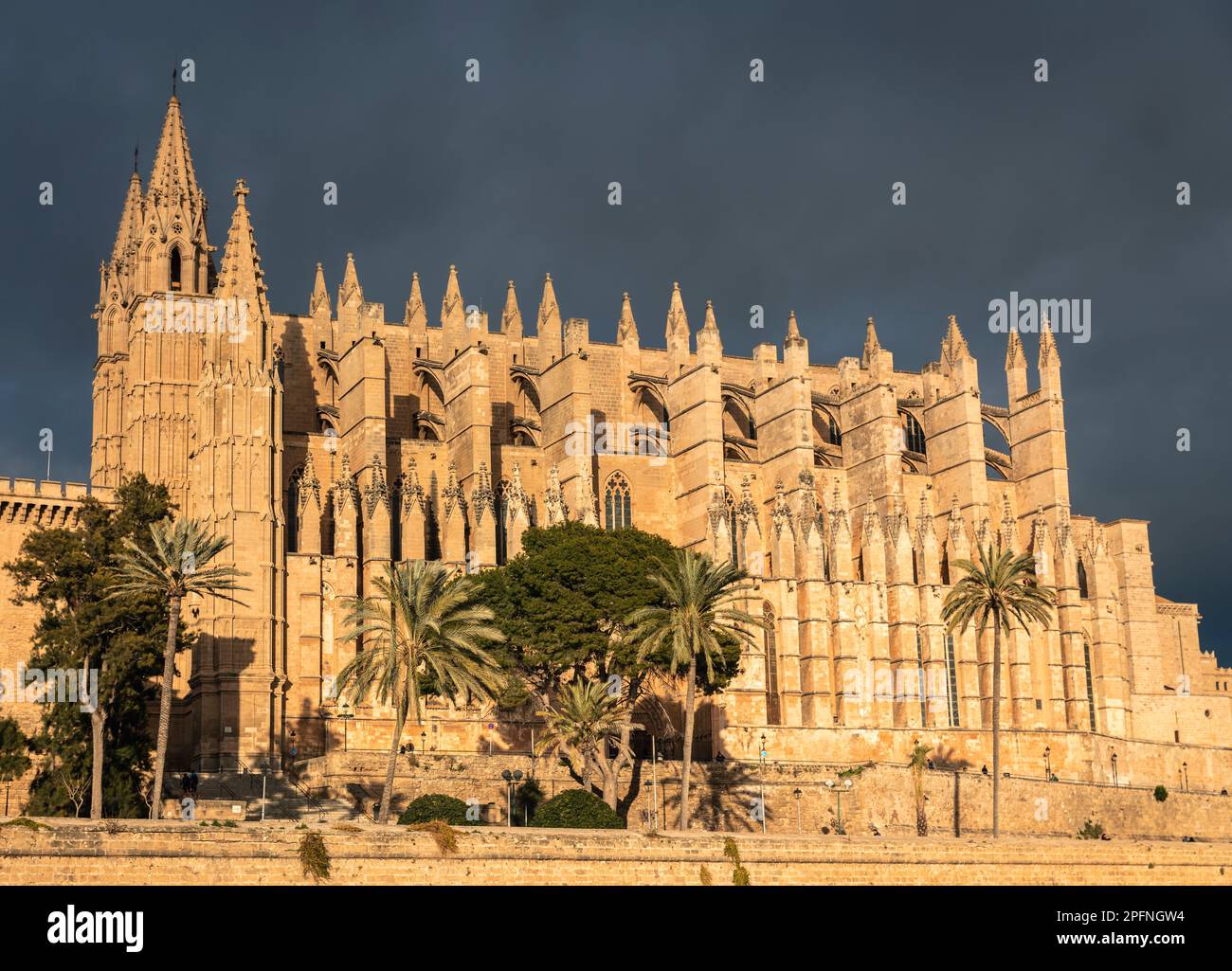 Lumière de tempête spectaculaire en fin d'après-midi sur la cathédrale de Santa Maria de Palma Majorque Banque D'Images